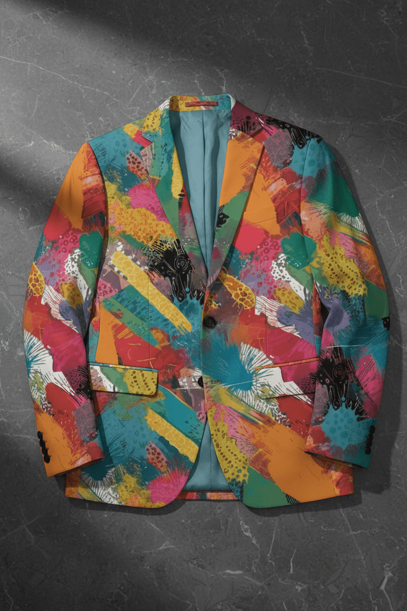 Maximalist Statement Blazer for Founders and Creatives — Abstract AOP Slim Fit Suit Jacket, Gallery Opening Formalwear, Entrepreneur Uniform
