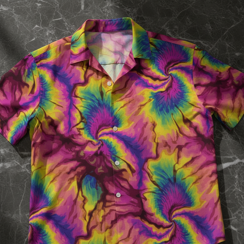 Wearable Art Silk-Feel Shirt for Festival-Goers — Incoherent State of Dye AOP Short Sleeve, Fluid Abstract Print, Dyles Mavis Original