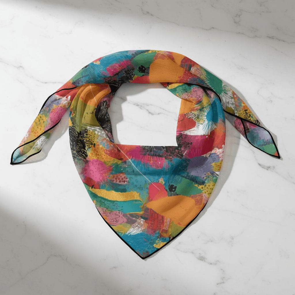 Maximalist Six-Way Scarf for Aesthetic Collectors — Abstract AOP Silk-Feel Square, Wearable Art Neckerchief, Festival Hair Wrap, Gift Under $15