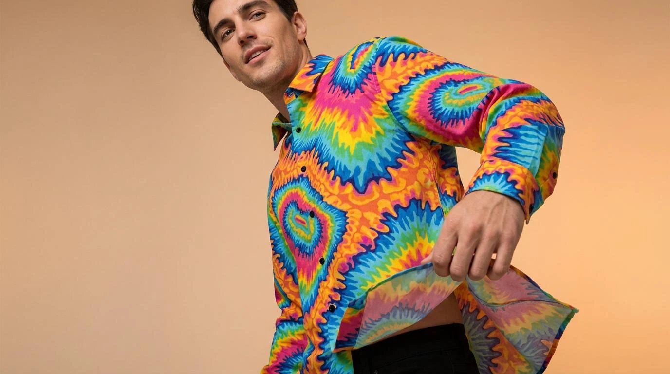 Psychedelic Rainbow Spiral Button-Up Shirt — Neon Tie-Dye AOP Long Sleeve