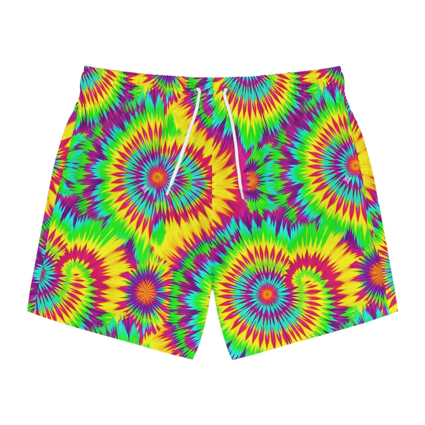 Acid Lime Tie-Dye Swim Trunks — Citrus Spiral AOP Quick-Dry Shorts for Pool Rave Season