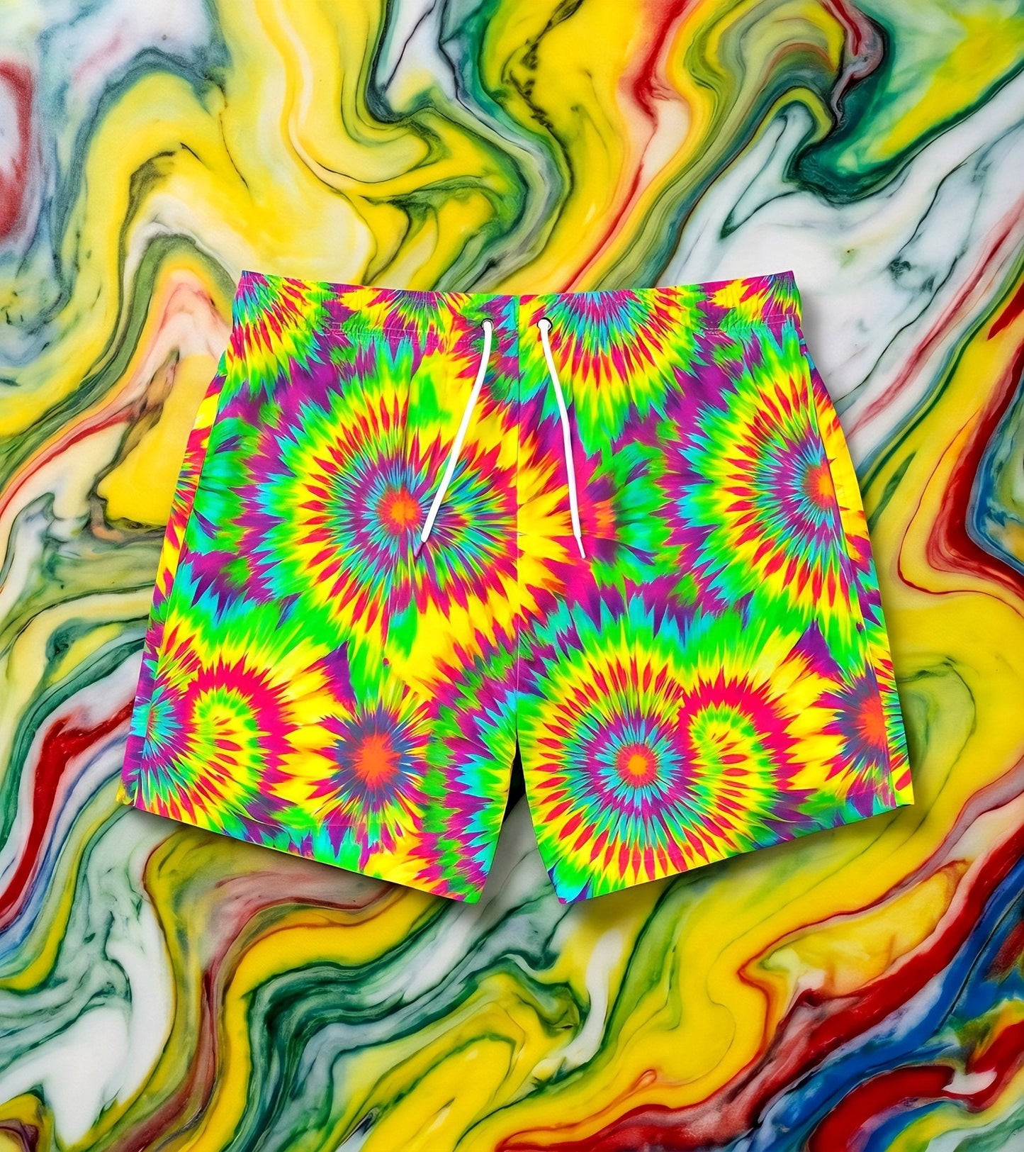 Acid Lime Tie-Dye Swim Trunks — Citrus Spiral AOP Quick-Dry Shorts for Pool Rave Season