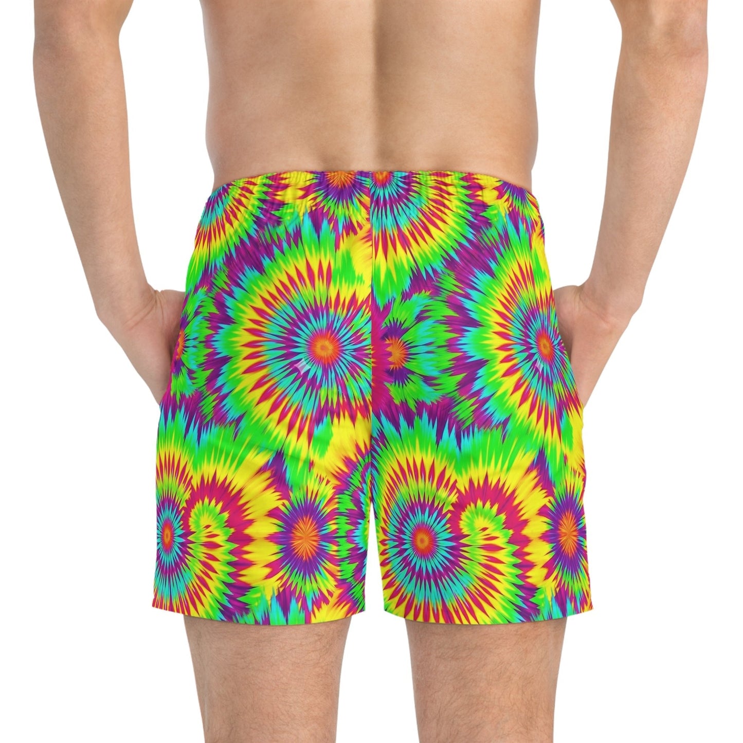 Acid Lime Tie-Dye Swim Trunks — Citrus Spiral AOP Quick-Dry Shorts for Pool Rave Season