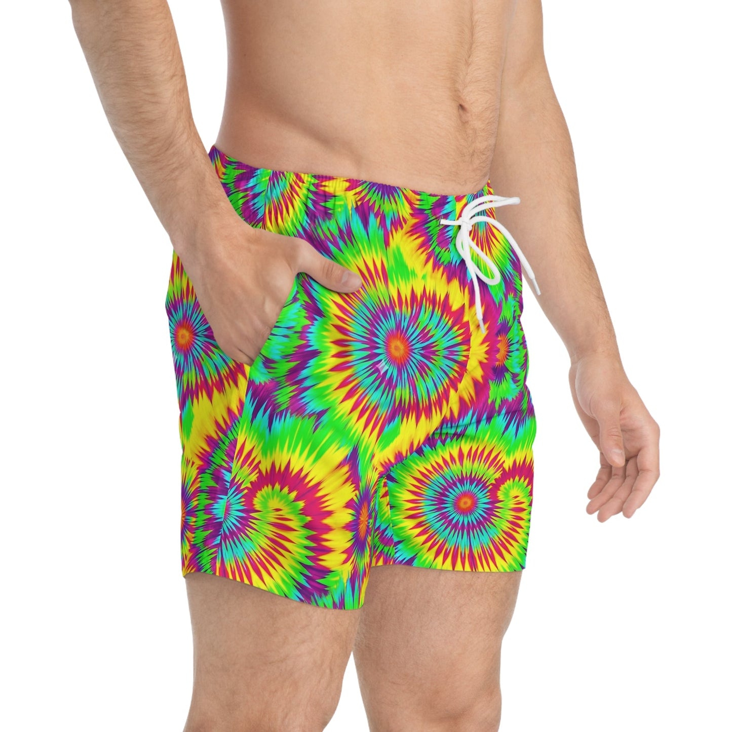 Acid Lime Tie-Dye Swim Trunks — Citrus Spiral AOP Quick-Dry Shorts for Pool Rave Season