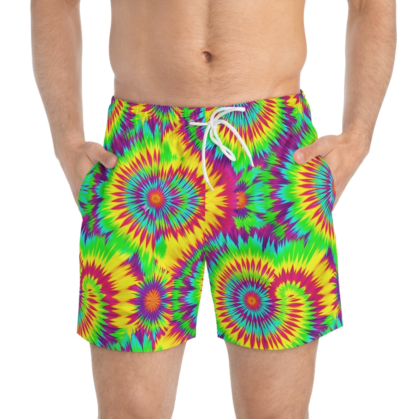 Acid Lime Tie-Dye Swim Trunks — Citrus Spiral AOP Quick-Dry Shorts for Pool Rave Season