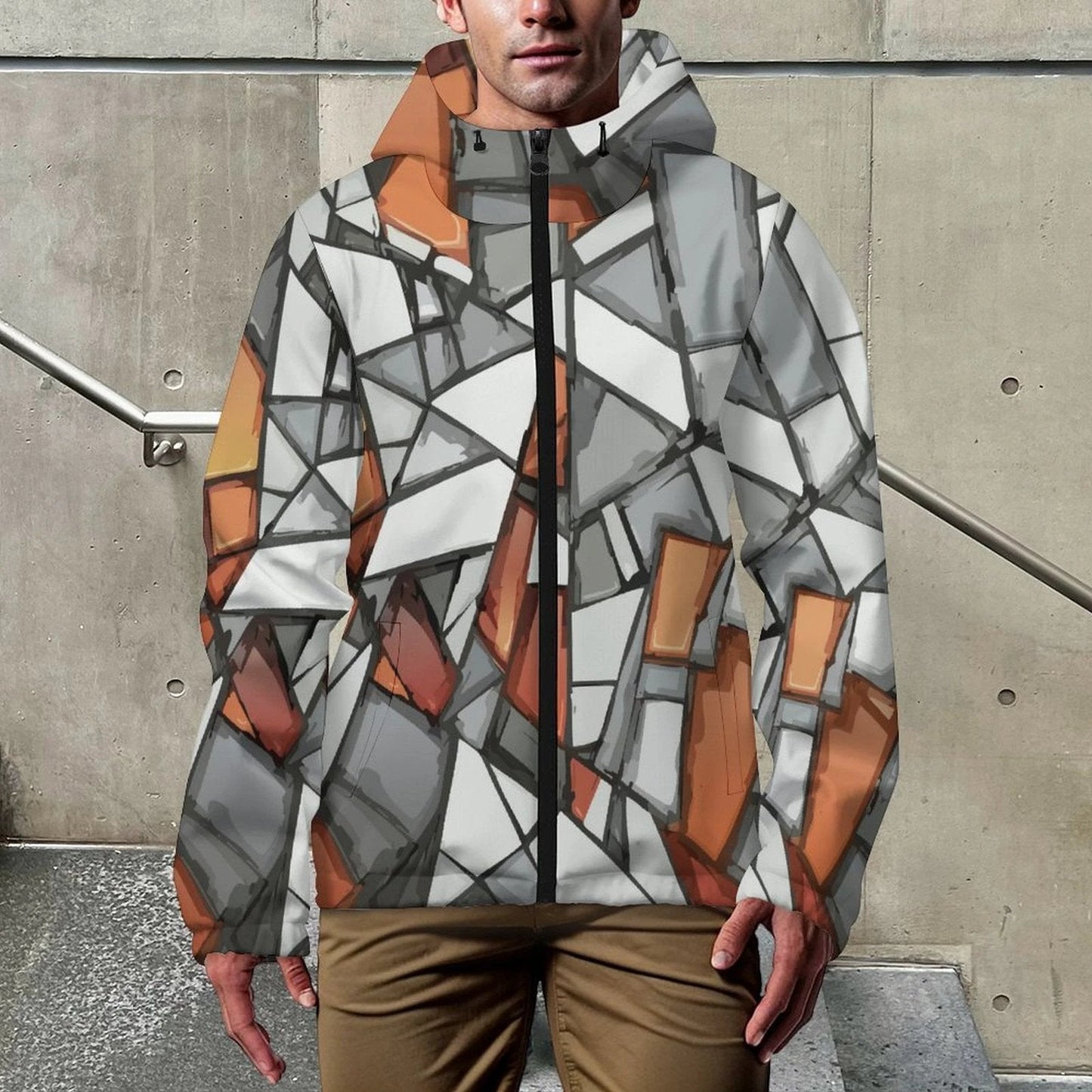 Shattered Mosaic Hooded Trench Coat — Stone & Amber Stained-Glass AOP Short Rain Layer for Urban Rebels