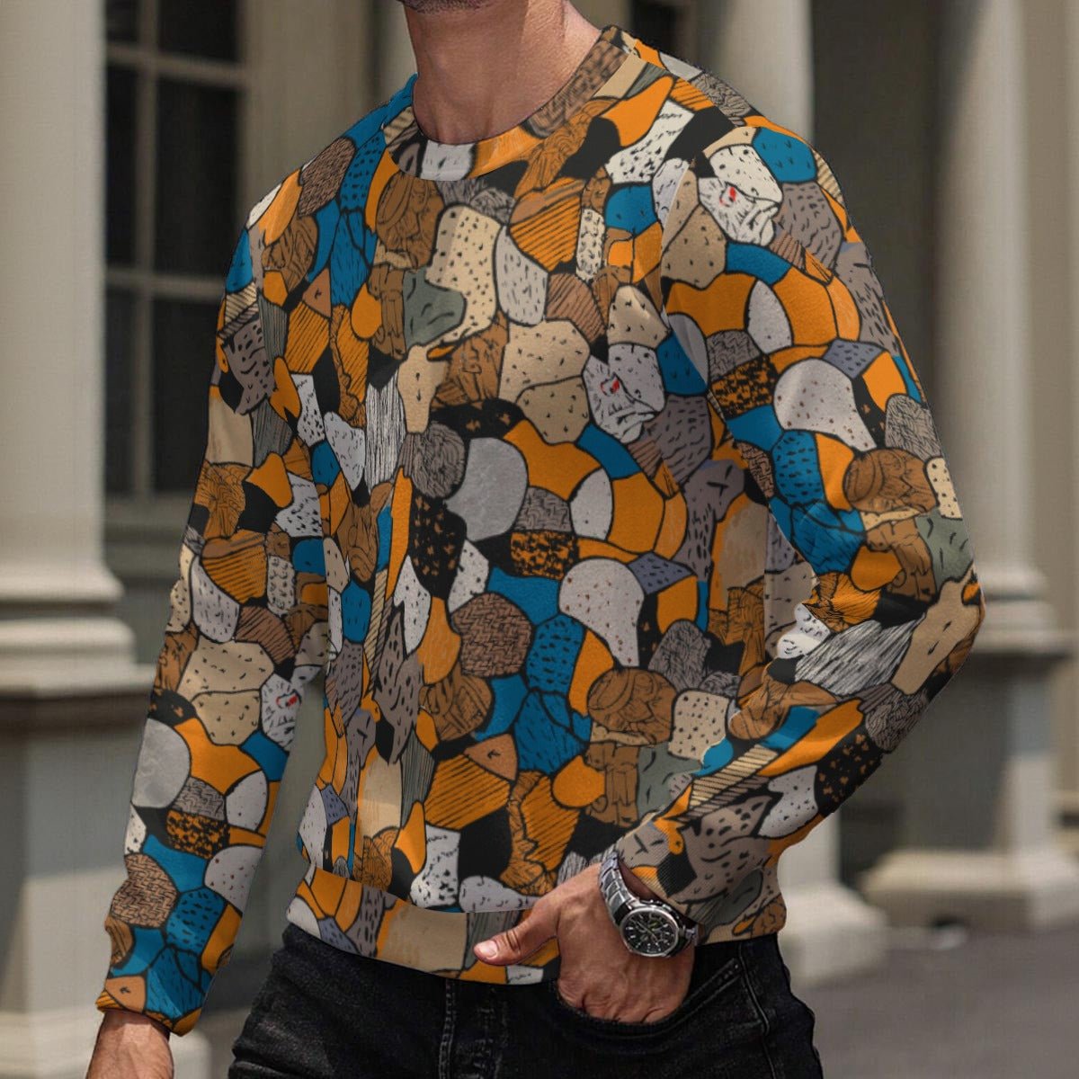 Bronze & Navy Tortoise Shell AOP Fleece Sweatshirt | 320gsm Fur-Lined Pullover — Organic Geometry Amber Brown Cold-Weather Wearable Art (XS–5XL)