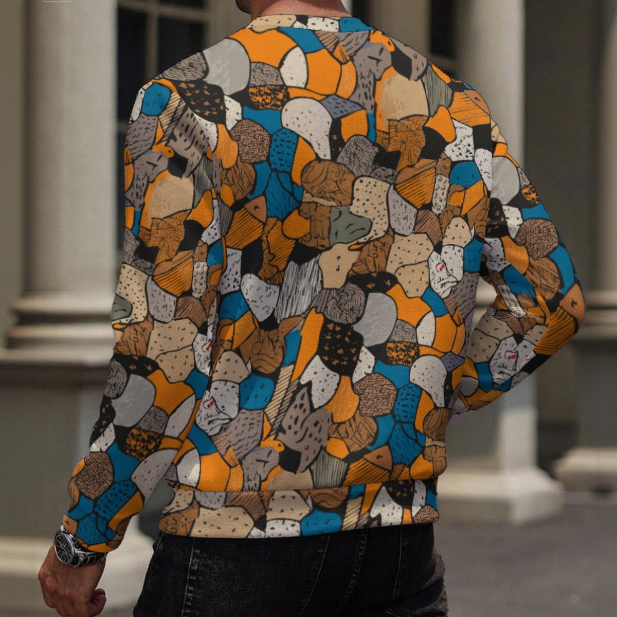 Bronze & Navy Tortoise Shell AOP Fleece Sweatshirt | 320gsm Fur-Lined Pullover — Organic Geometry Amber Brown Cold-Weather Wearable Art (XS–5XL)