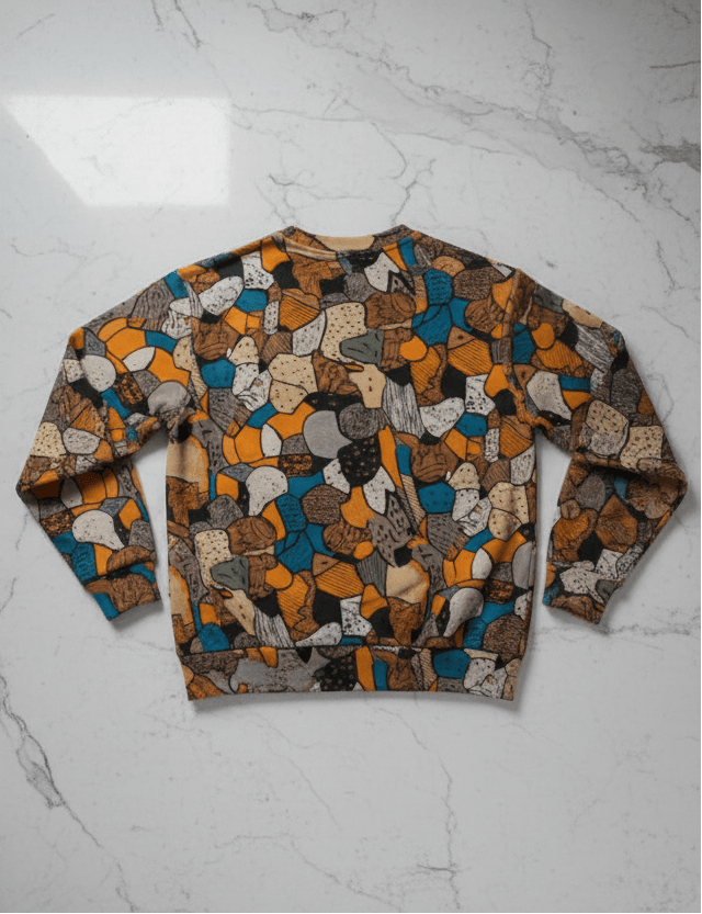 Bronze & Navy Tortoise Shell AOP Fleece Sweatshirt | 320gsm Fur-Lined Pullover — Organic Geometry Amber Brown Cold-Weather Wearable Art (XS–5XL)