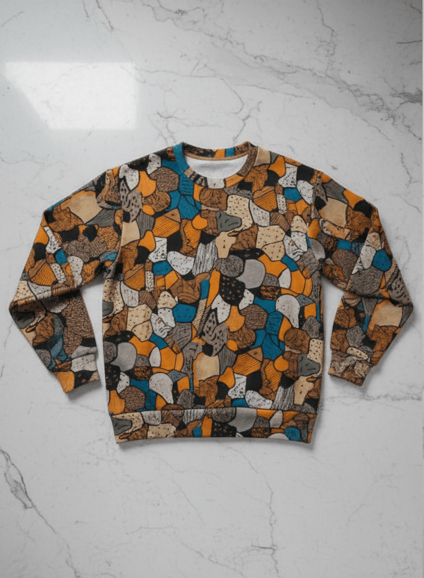 Bronze & Navy Tortoise Shell AOP Fleece Sweatshirt | 320gsm Fur-Lined Pullover — Organic Geometry Amber Brown Cold-Weather Wearable Art (XS–5XL)