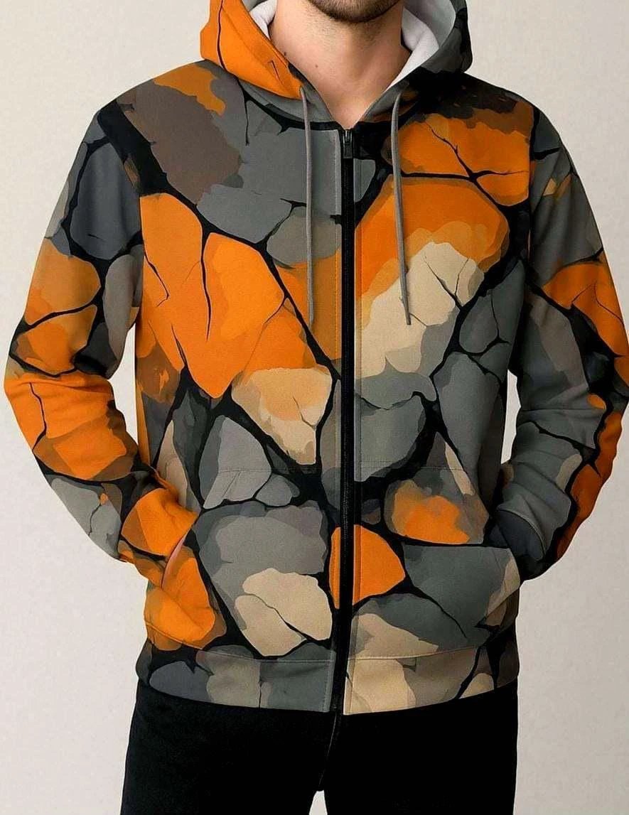 Maximalist Shattered Glass AOP Hoodie for Bold Streetwear Fans — Heavyweight Primal Print Pullover, Orange Black Halloween Fall Statement