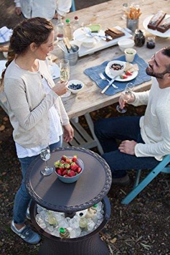 Keter Pacific Cool Bar Outdoor Patio Furniture and Hot Tub Side Table with 7.5 Gallon Beer and Wine Cooler, Brown