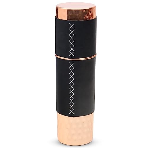 Kitchen Science Copper Water Bottle (34oz/1000ml) w/Copper Tumbler and Leather Sleeves | Pure Copper Bottle for Drinking Water | Lab-Tested, Leak-Proof | Authentic Ayurvedic Copper Bottle
