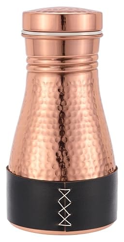 Kitchen Science Pure Copper Bedside Carafe | Handmade Jute Placemat | Leather Sleeve | 32 Oz | Leakproof Lid