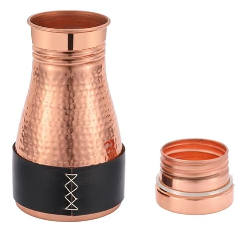 Kitchen Science Pure Copper Bedside Carafe | Handmade Jute Placemat | Leather Sleeve | 32 Oz | Leakproof Lid