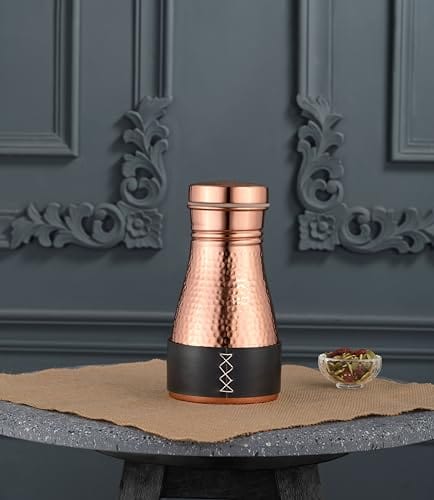 Kitchen Science Pure Copper Bedside Carafe | Handmade Jute Placemat | Leather Sleeve | 32 Oz | Leakproof Lid