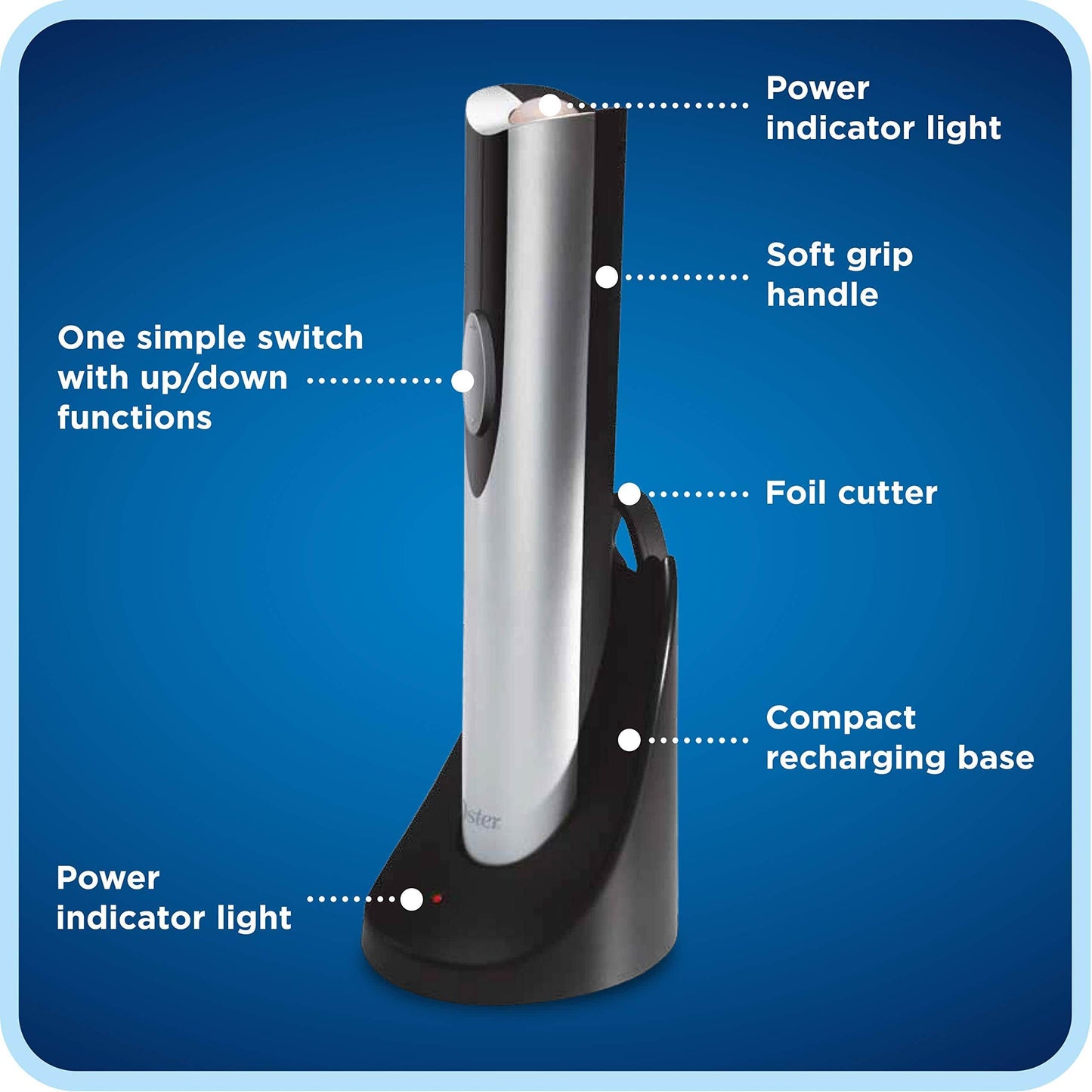 Oster Cordless Electric Wine Bottle Opener with Foil Cutter, FFP - FPSTBW8207-S-AMZ, Silver, One