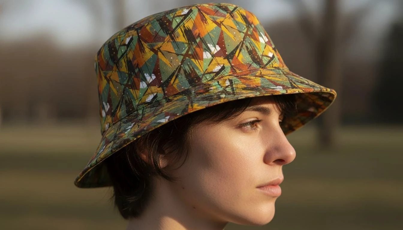 Nature Calls Abstract Leaf AOP Bucket Hat for Gorpcore Outdoor Dressers — Earthy Autumn Primal Prints Sun Hat, Hiking Camping Festival Headwear