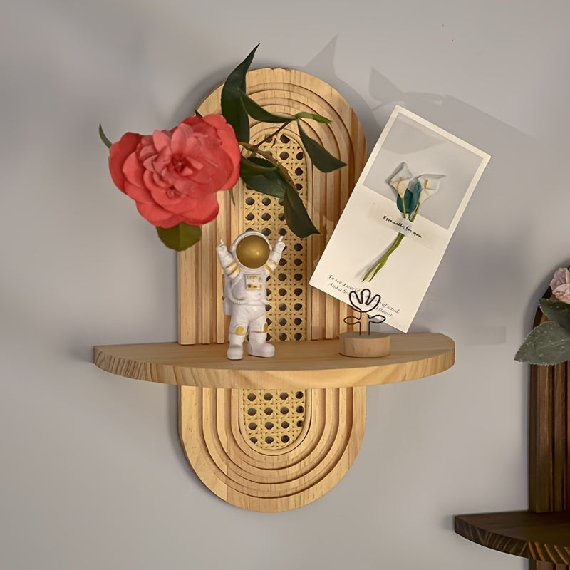 Rustic Wooden Wall-Mounted Shelf with Hooks - UIG9