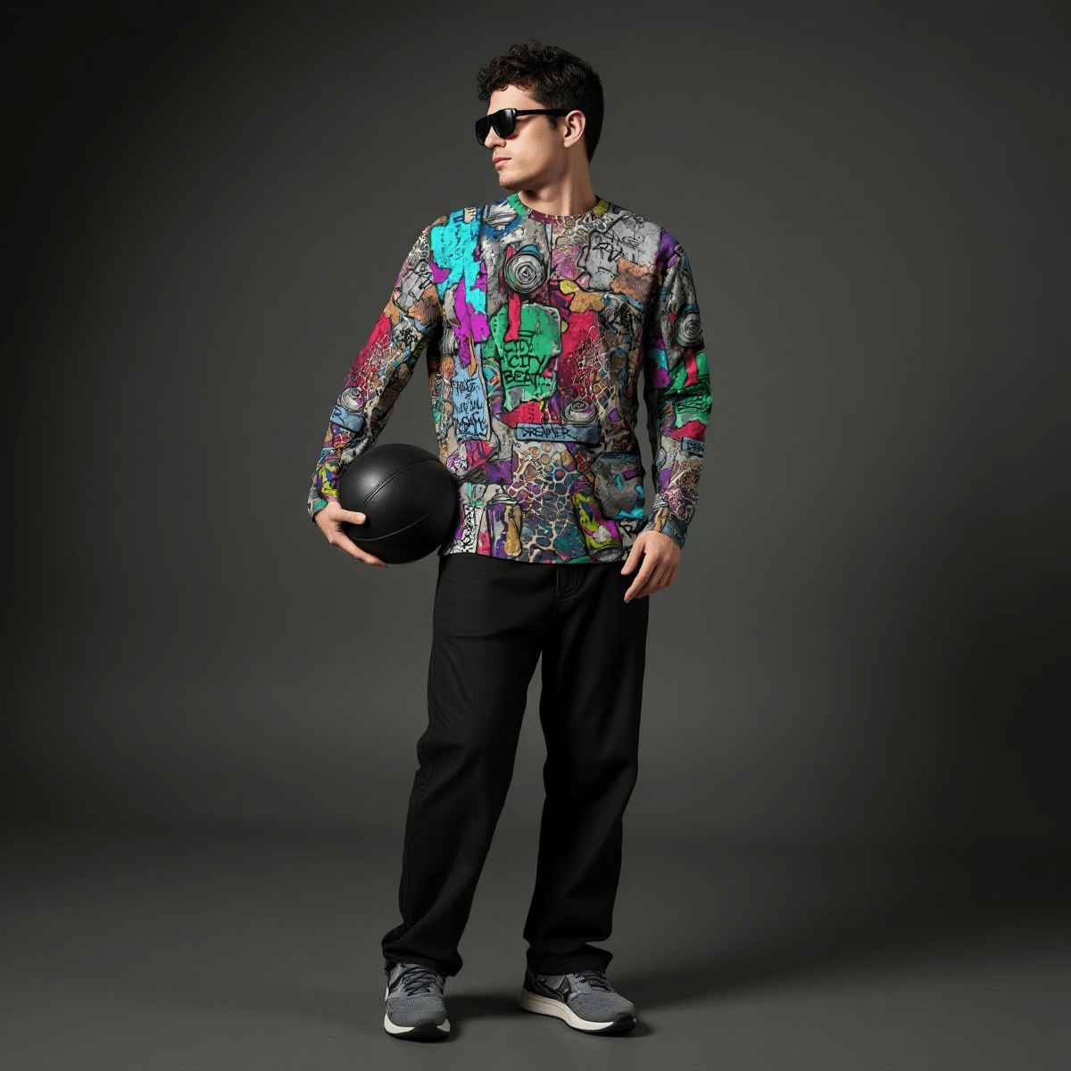 Aerosol Alchemists Long Sleeve for Urban Graffiti Heads — Neon Spray Can Creature AOP, 190g Heavyweight Cotton Streetwear, Festival Art Tee