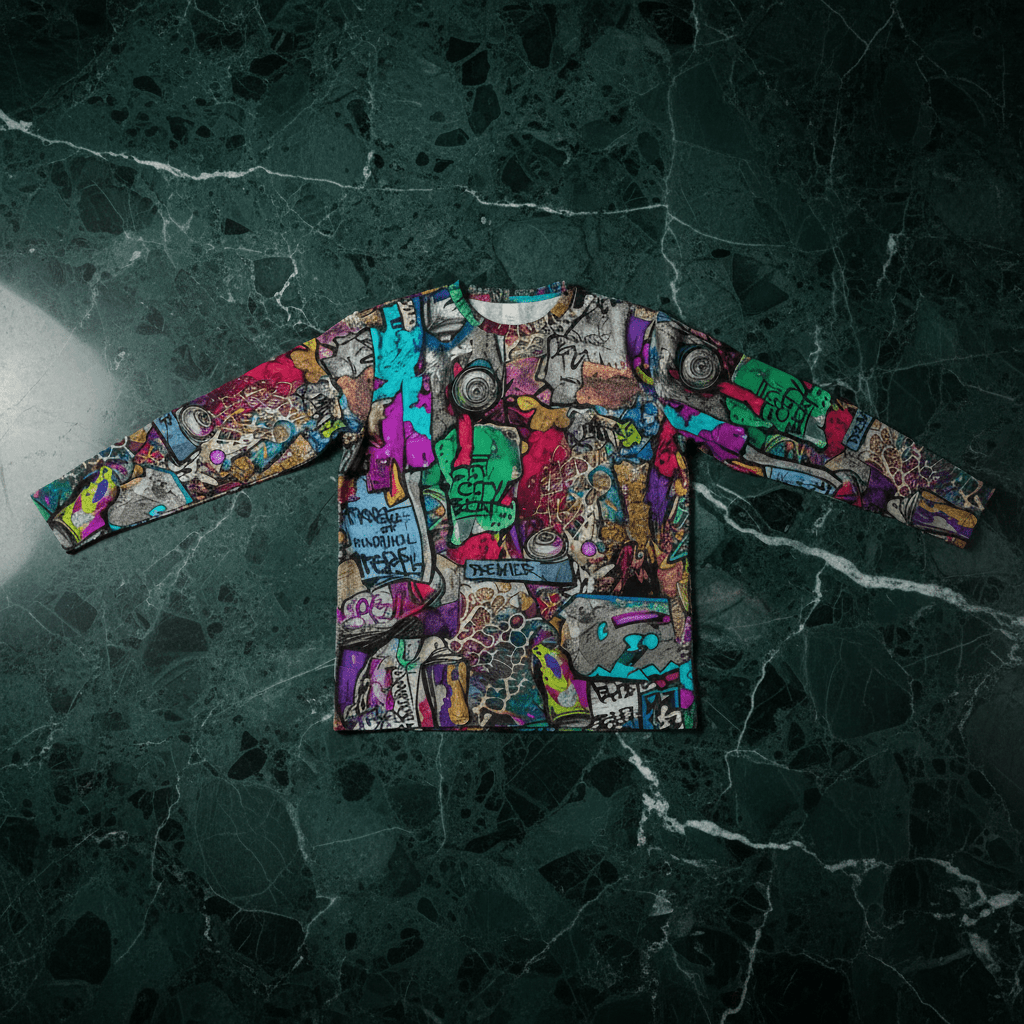 Aerosol Alchemists Long Sleeve for Urban Graffiti Heads — Neon Spray Can Creature AOP, 190g Heavyweight Cotton Streetwear, Festival Art Tee