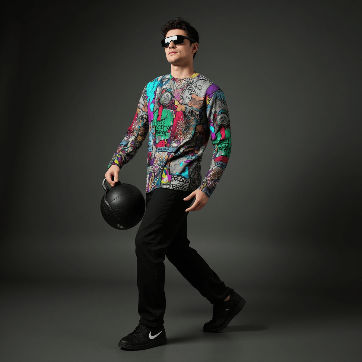 Aerosol Alchemists Long Sleeve for Urban Graffiti Heads — Neon Spray Can Creature AOP, 190g Heavyweight Cotton Streetwear, Festival Art Tee