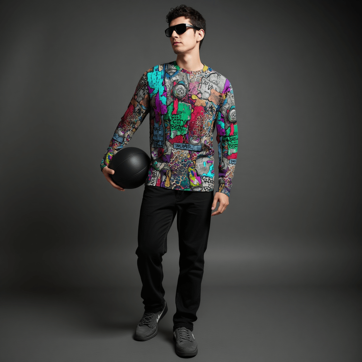 Aerosol Alchemists Long Sleeve for Urban Graffiti Heads — Neon Spray Can Creature AOP, 190g Heavyweight Cotton Streetwear, Festival Art Tee