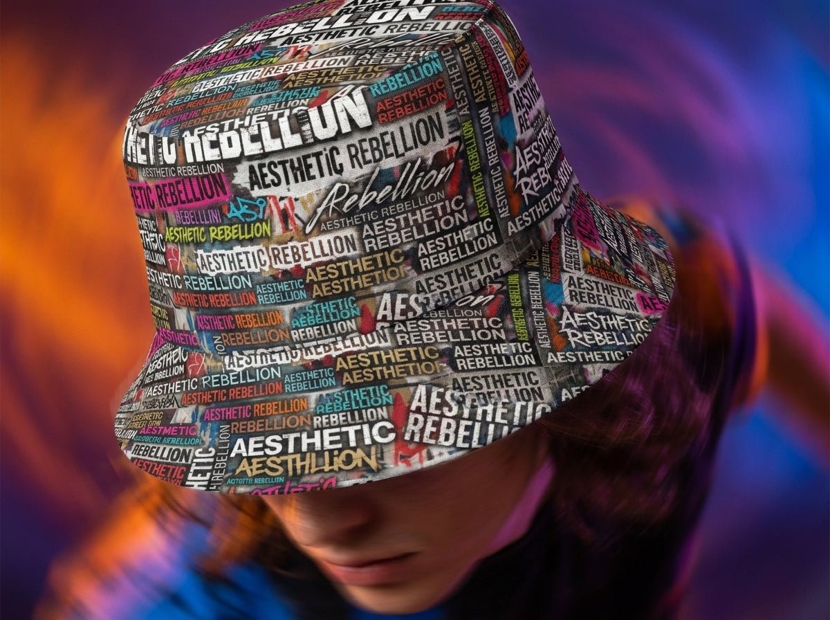 Aesthetic Rebellion AOP Word Cloud Reversible Bucket Hat | Unisex