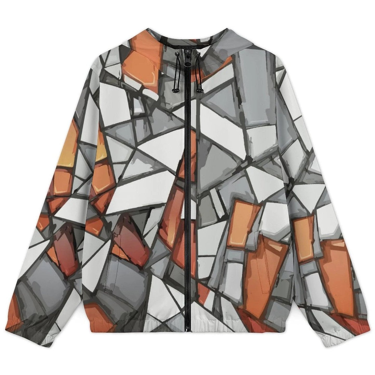 Shattered Mosaic Hooded Trench Coat — Stone & Amber Stained-Glass AOP Short Rain Layer for Urban Rebels