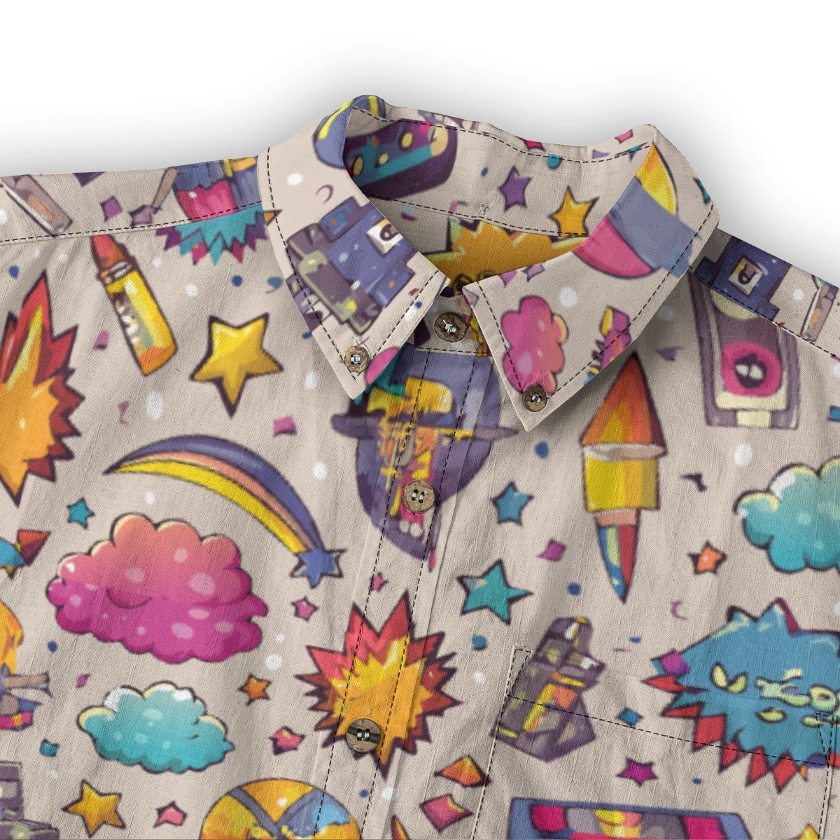 Emoji Expose Collared Shirt for Internet Culture Streetwear Dressers — All-Over Emoji AOP 125gsm Slub Cotton, Lapel Collar Chest Pocket
