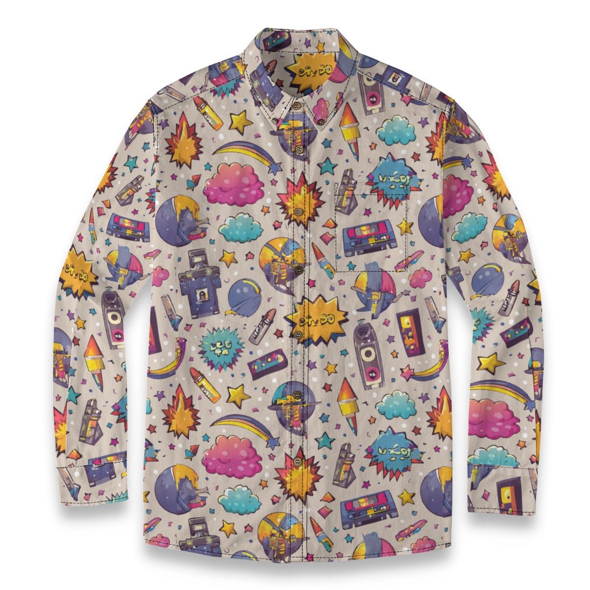 Emoji Expose Collared Shirt for Internet Culture Streetwear Dressers — All-Over Emoji AOP 125gsm Slub Cotton, Lapel Collar Chest Pocket