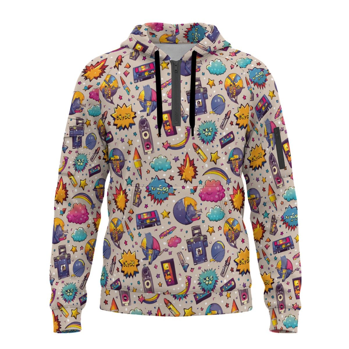 Plush Collage AOP Fleece Half-Zip Hoodie with Arm Pockets