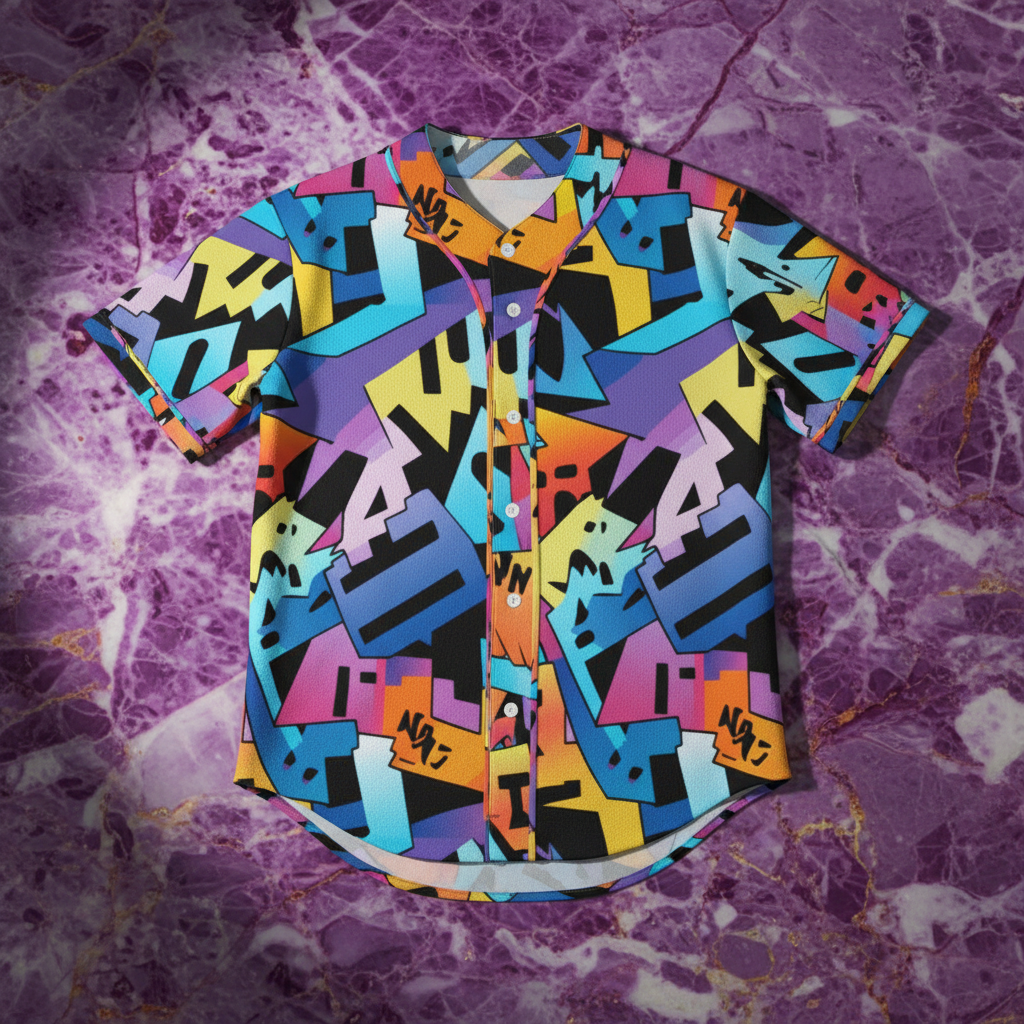 Retro Doodle Pop Pinstripe Baseball Jersey — Pastel Graffiti Shape AOP Short Sleeve for Playful Streetwear