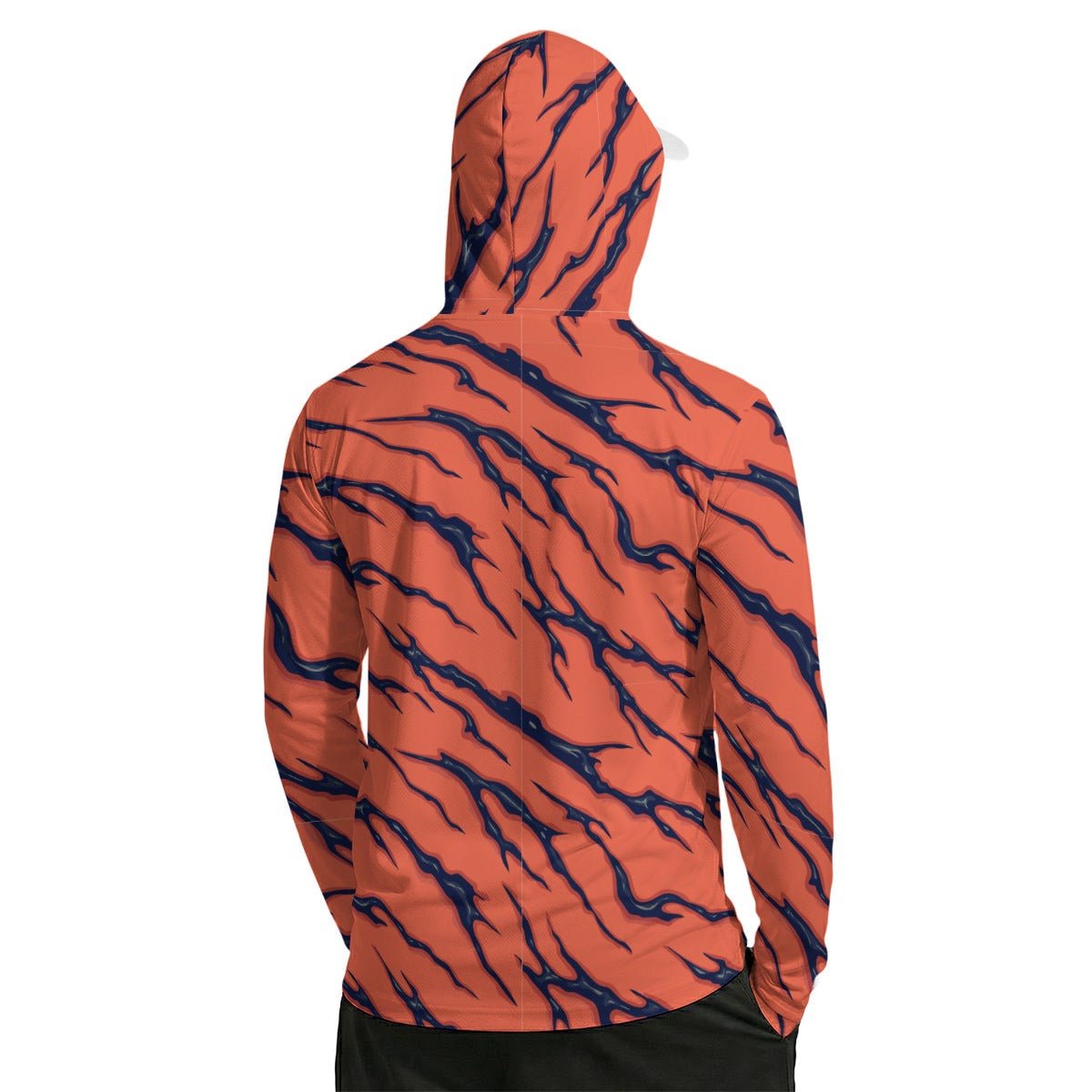 Tiger Stripe Sun Hoodie with Face Cover — Burnt Orange AOP UPF Performance Pullover with Thumb-Hole Sleeves
