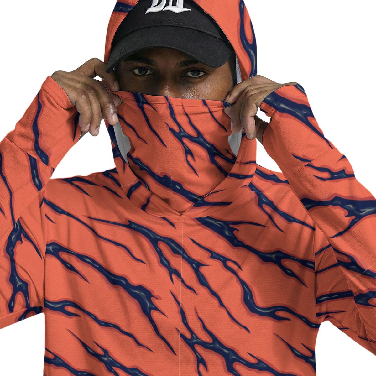 Tiger Stripe Sun Hoodie with Face Cover — Burnt Orange AOP UPF Performance Pullover with Thumb-Hole Sleeves