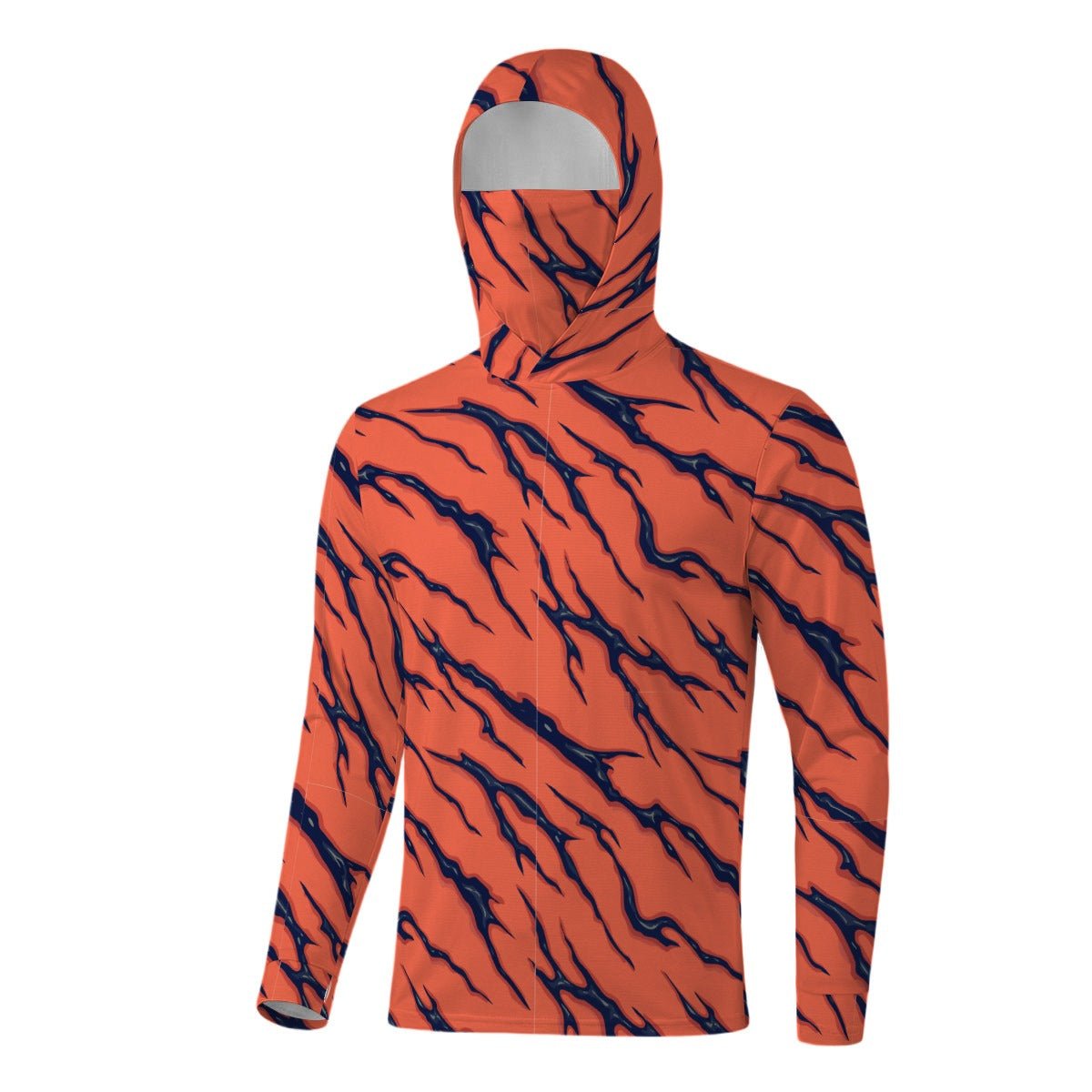 Tiger Stripe Sun Hoodie with Face Cover — Burnt Orange AOP UPF Performance Pullover with Thumb-Hole Sleeves