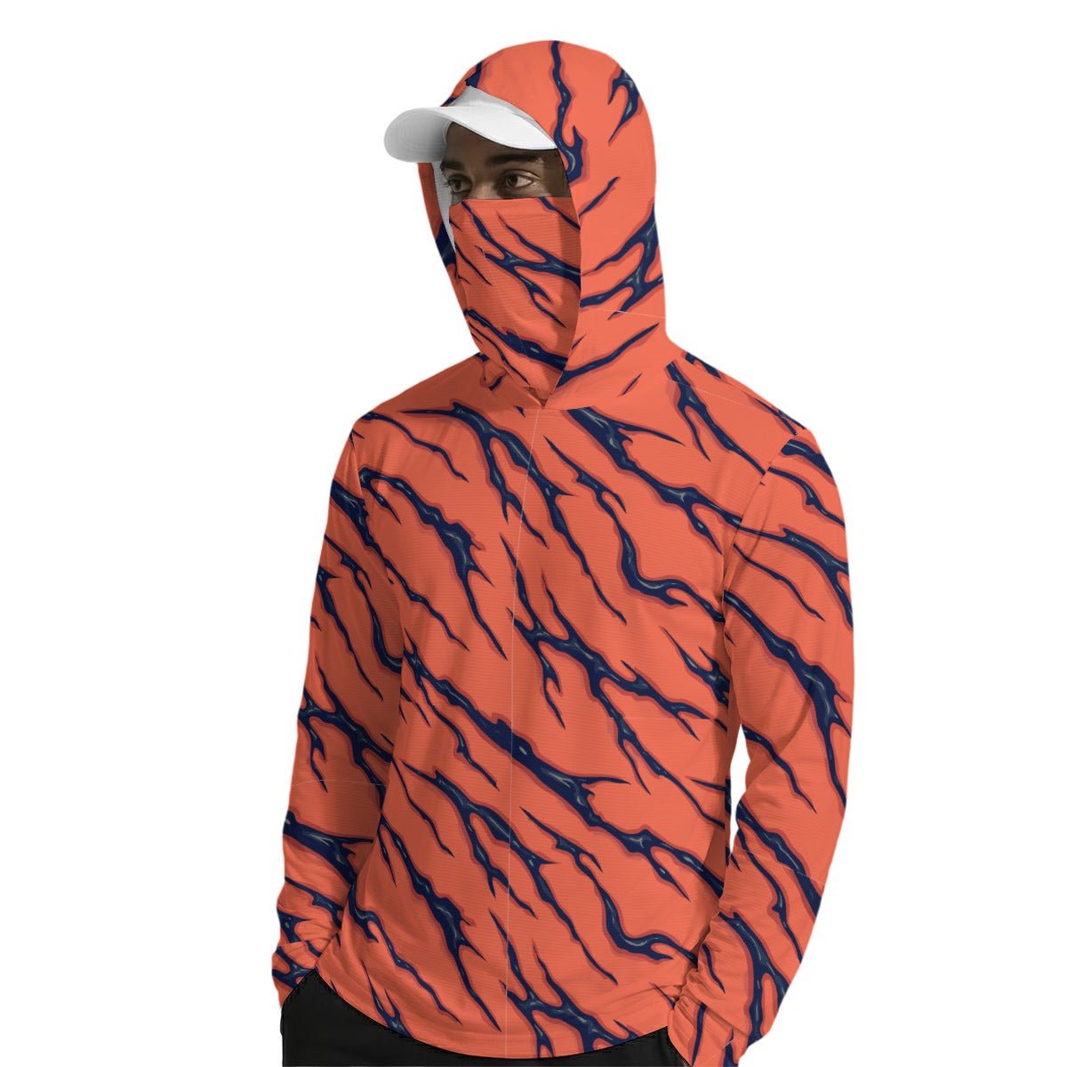 Tiger Stripe Sun Hoodie with Face Cover — Burnt Orange AOP UPF Performance Pullover with Thumb-Hole Sleeves