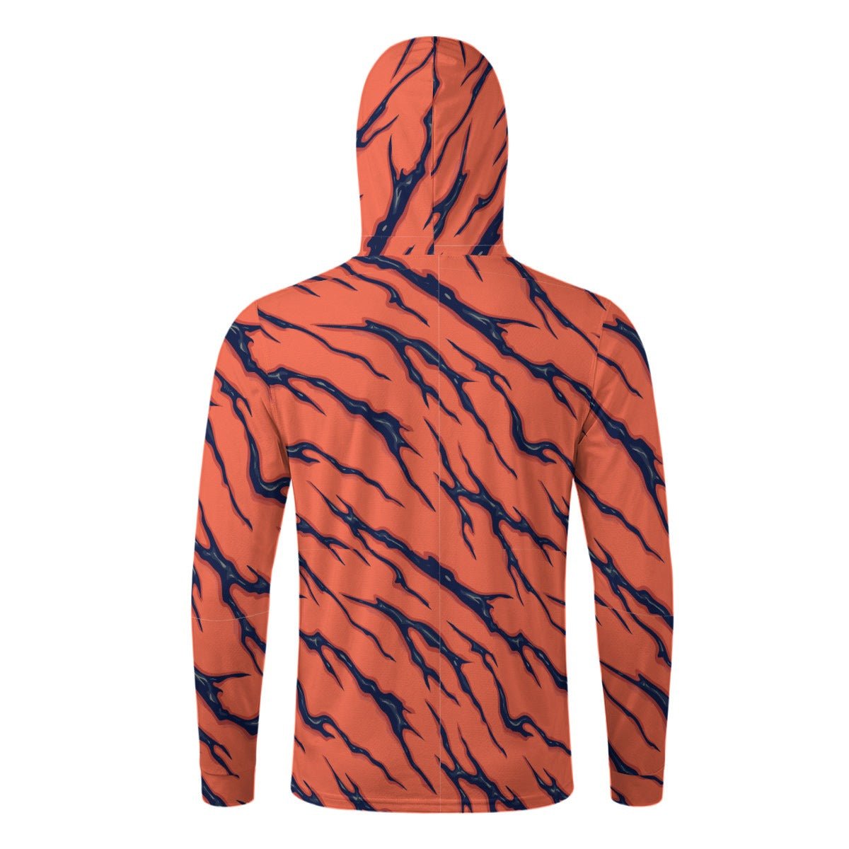 Tiger Stripe Sun Hoodie with Face Cover — Burnt Orange AOP UPF Performance Pullover with Thumb-Hole Sleeves