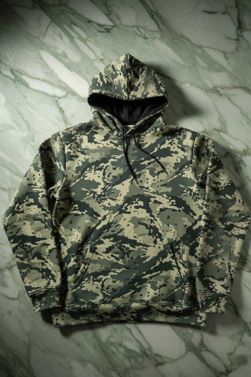 Urban Woodland Camo Fleece-Lined Hoodie — Mossy Green AOP Tactical Streetwear Pullover for Cold-Weather Explorers