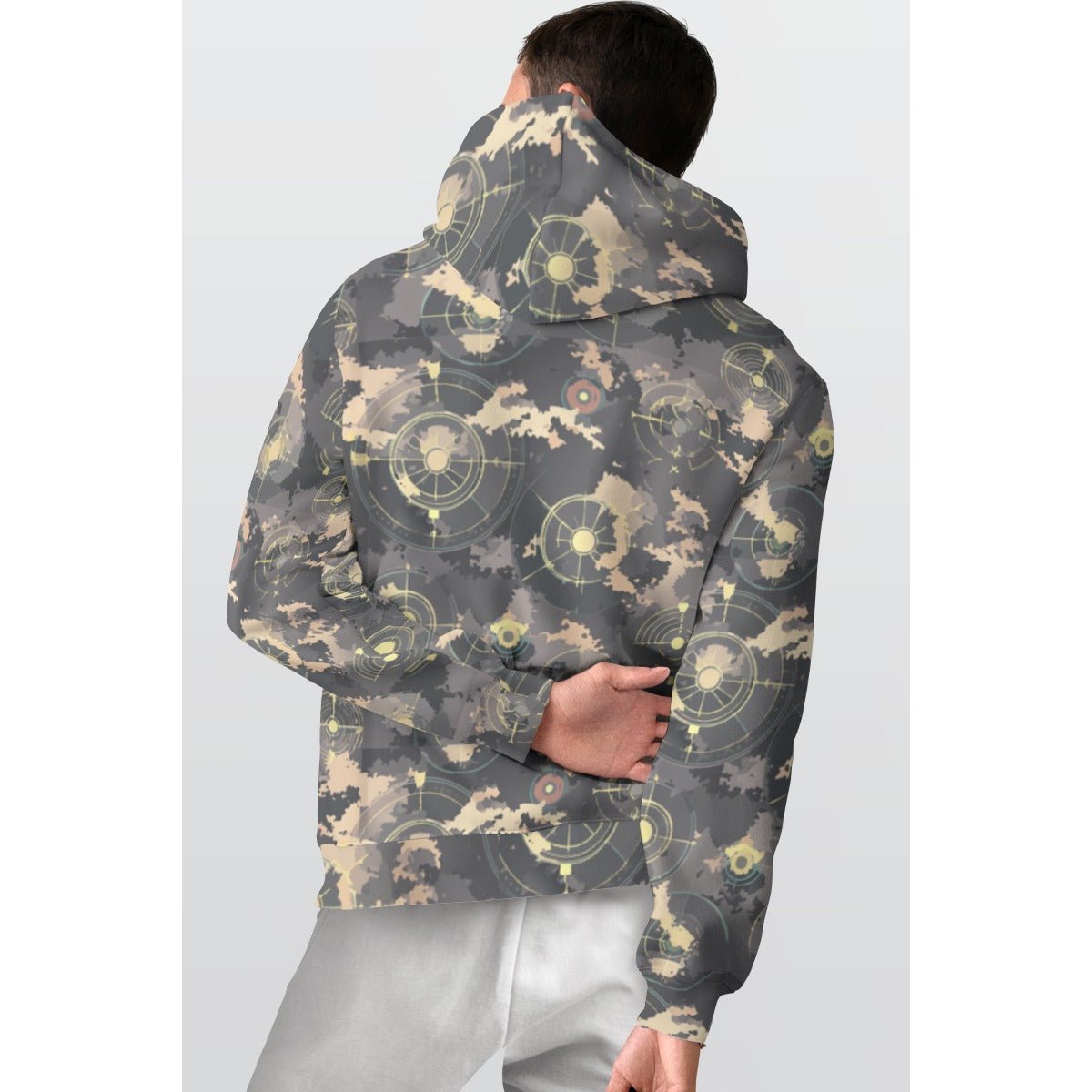 Bone Splatter Camo Fleece-Lined Hoodie for Grunge Streetwear Heads — Muted Sage AOP Winter Pullover