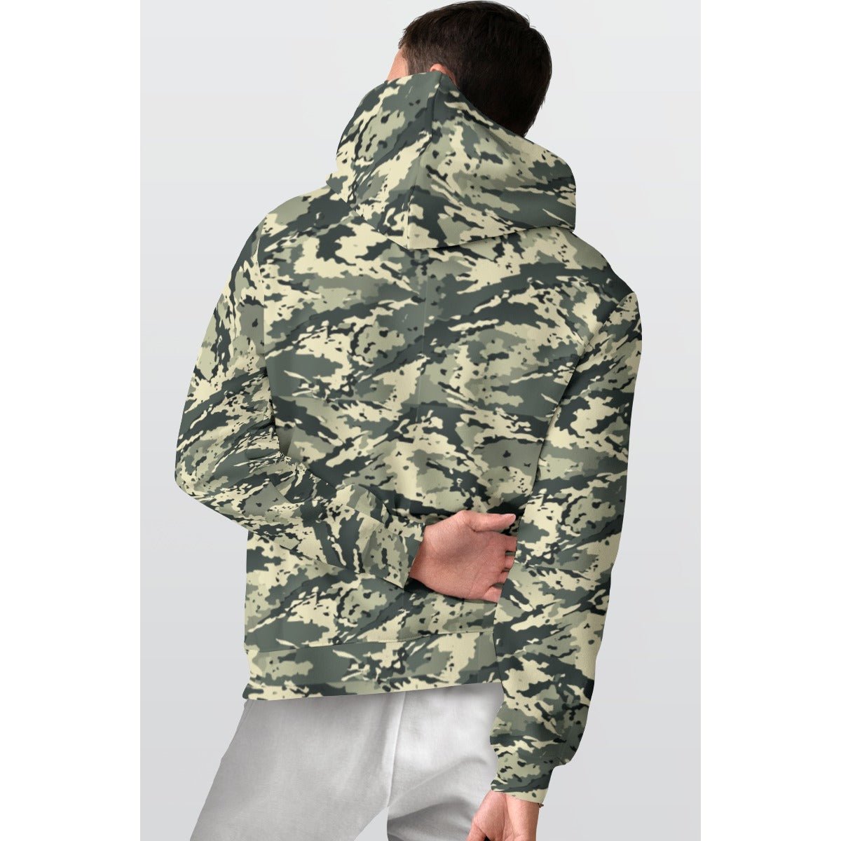 Urban Woodland Camo Fleece-Lined Hoodie — Mossy Green AOP Tactical Streetwear Pullover for Cold-Weather Explorers