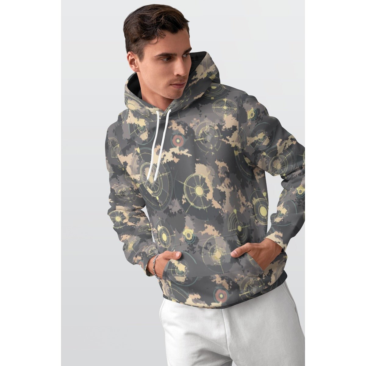 Bone Splatter Camo Fleece-Lined Hoodie for Grunge Streetwear Heads — Muted Sage AOP Winter Pullover