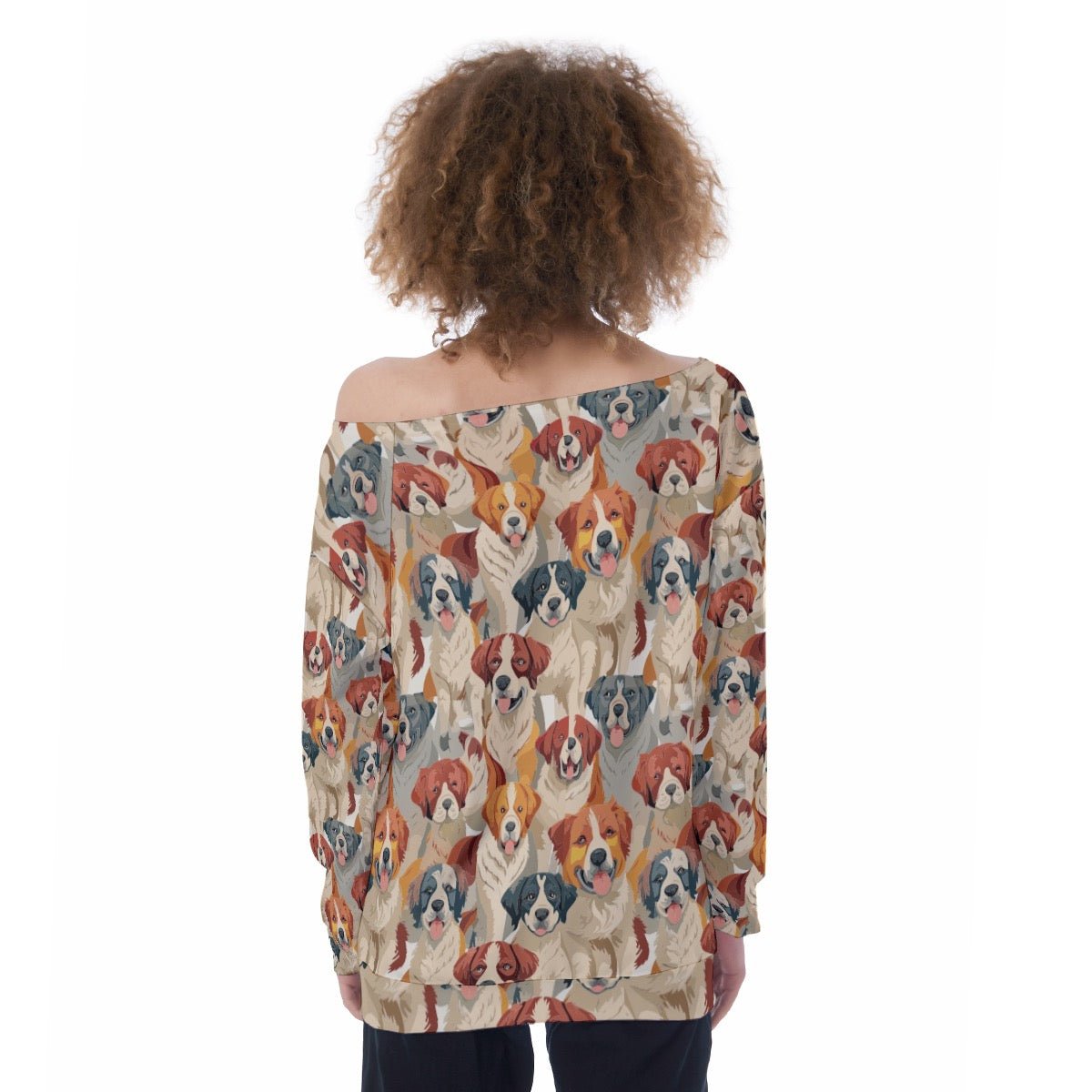 Pawsitive Vibrations Dog Print Sweatshirt for Dog Moms — AOP Off-Shoulder Oversized, Scuba Knit Dog Lover Fashion, Festival-Ready Pet Print