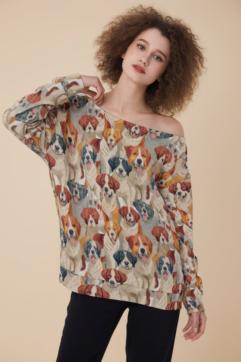 Pawsitive Vibrations Dog Print Sweatshirt for Dog Moms — AOP Off-Shoulder Oversized, Scuba Knit Dog Lover Fashion, Festival-Ready Pet Print