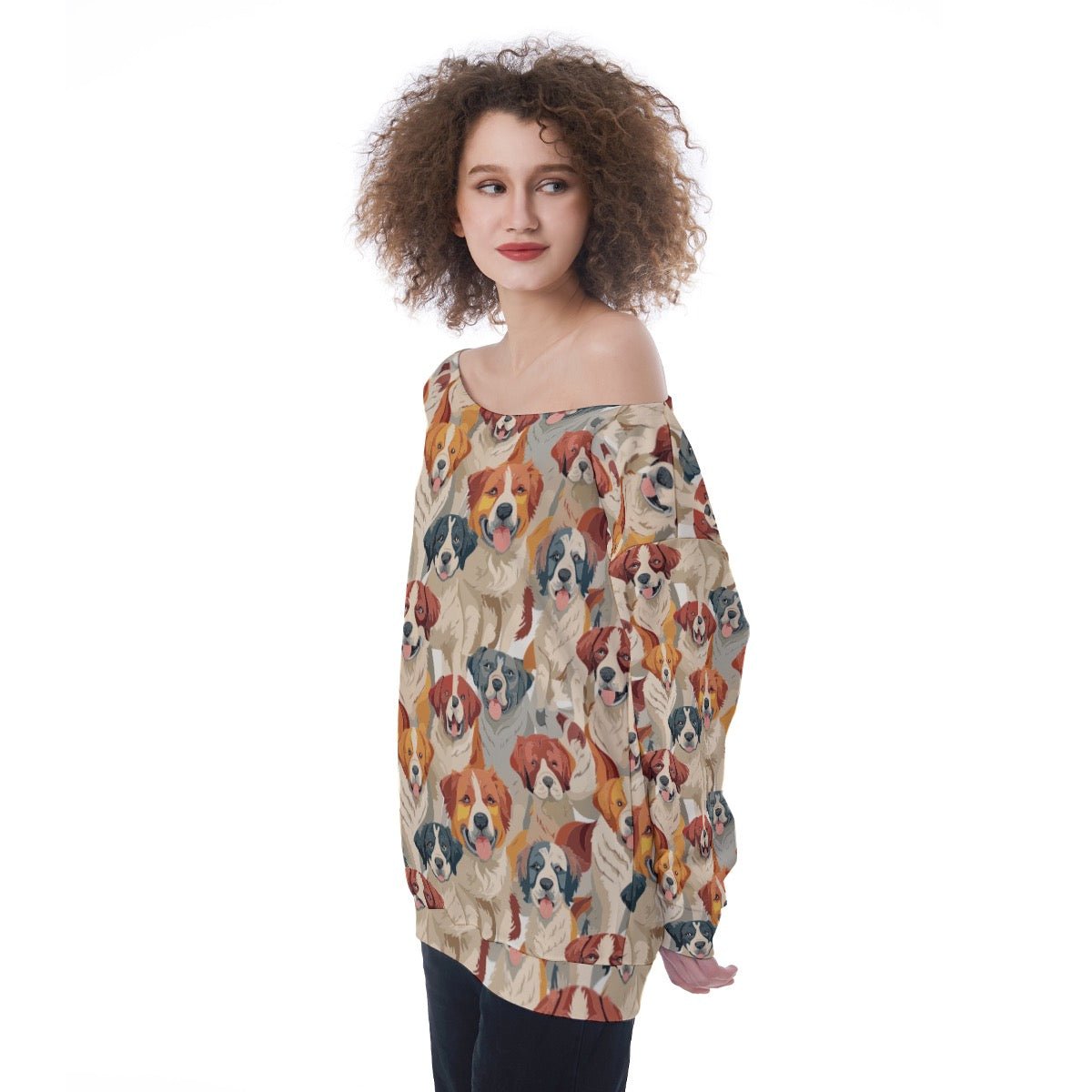 Pawsitive Vibrations Dog Print Sweatshirt for Dog Moms — AOP Off-Shoulder Oversized, Scuba Knit Dog Lover Fashion, Festival-Ready Pet Print