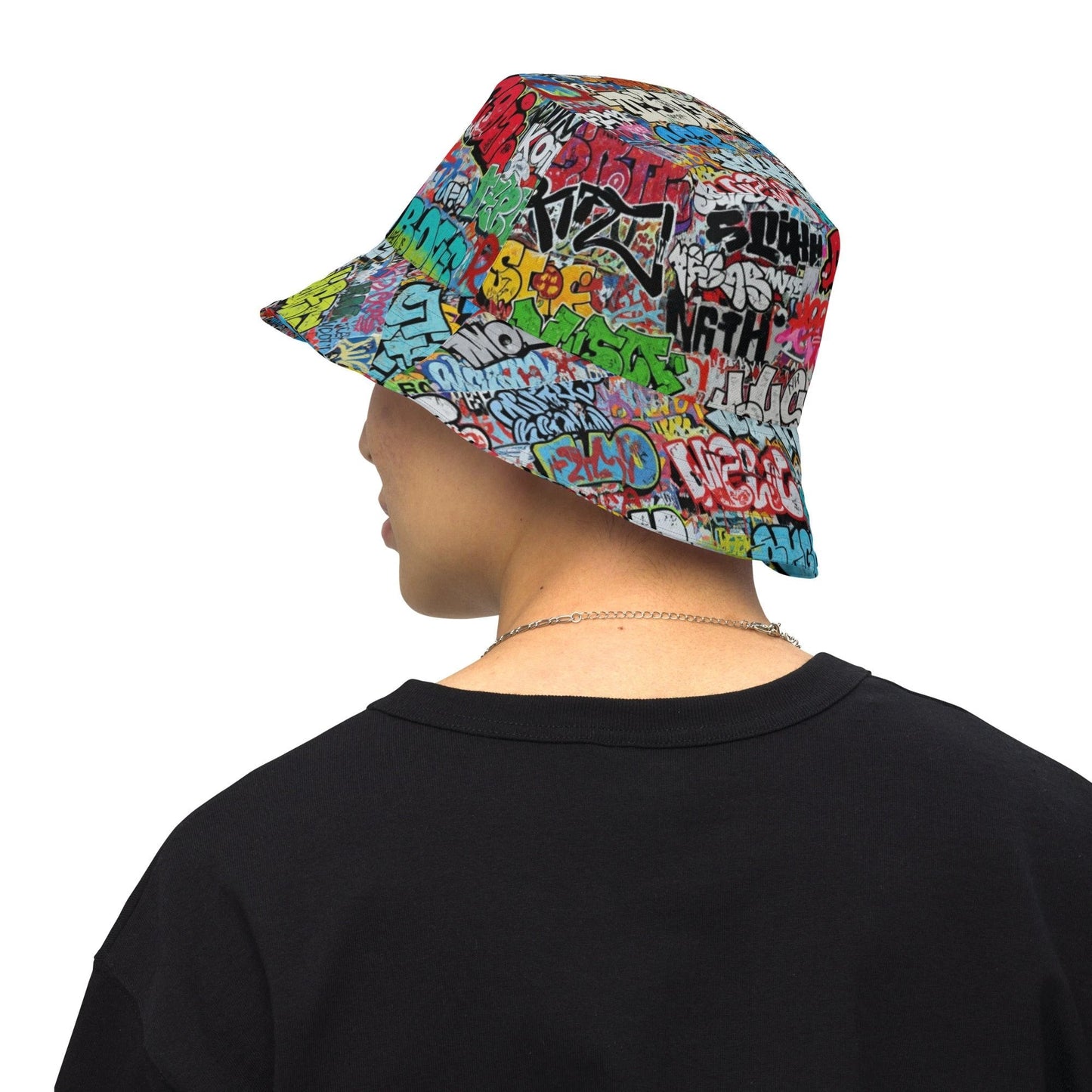 Reversible Bucket Hat — All-Over-Print Graffiti Urban Street Art, Multicolor AOP Typography, Both Sides Printed