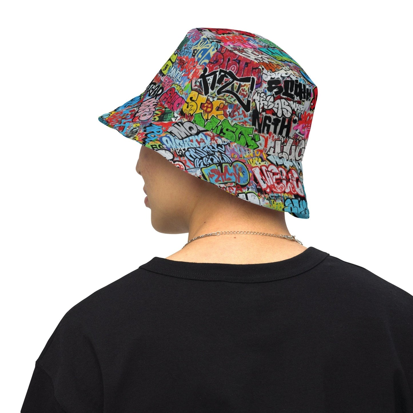 Reversible Bucket Hat — All-Over-Print Graffiti Urban Street Art, Multicolor AOP Typography, Both Sides Printed