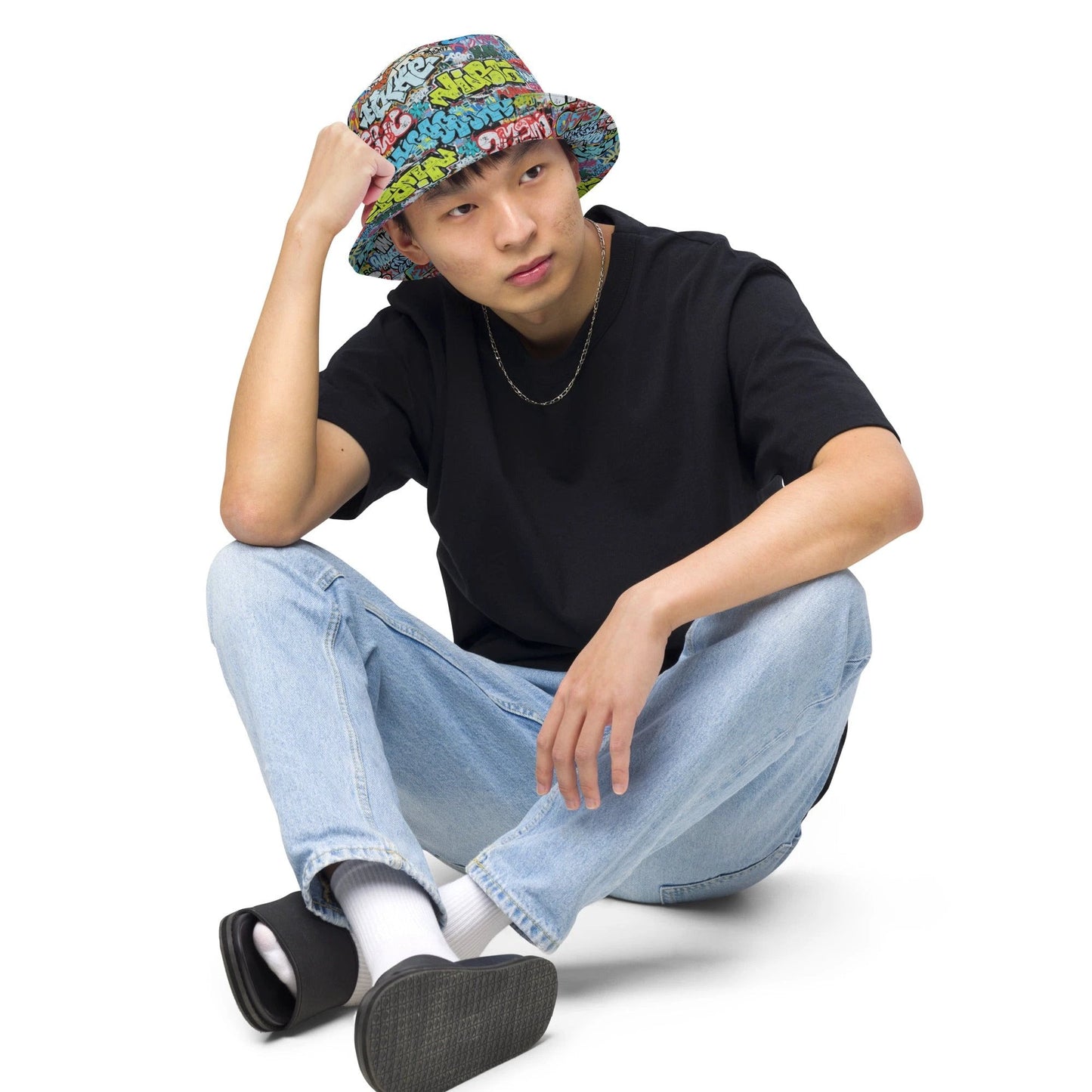 Reversible Bucket Hat — All-Over-Print Graffiti Urban Street Art, Multicolor AOP Typography, Both Sides Printed