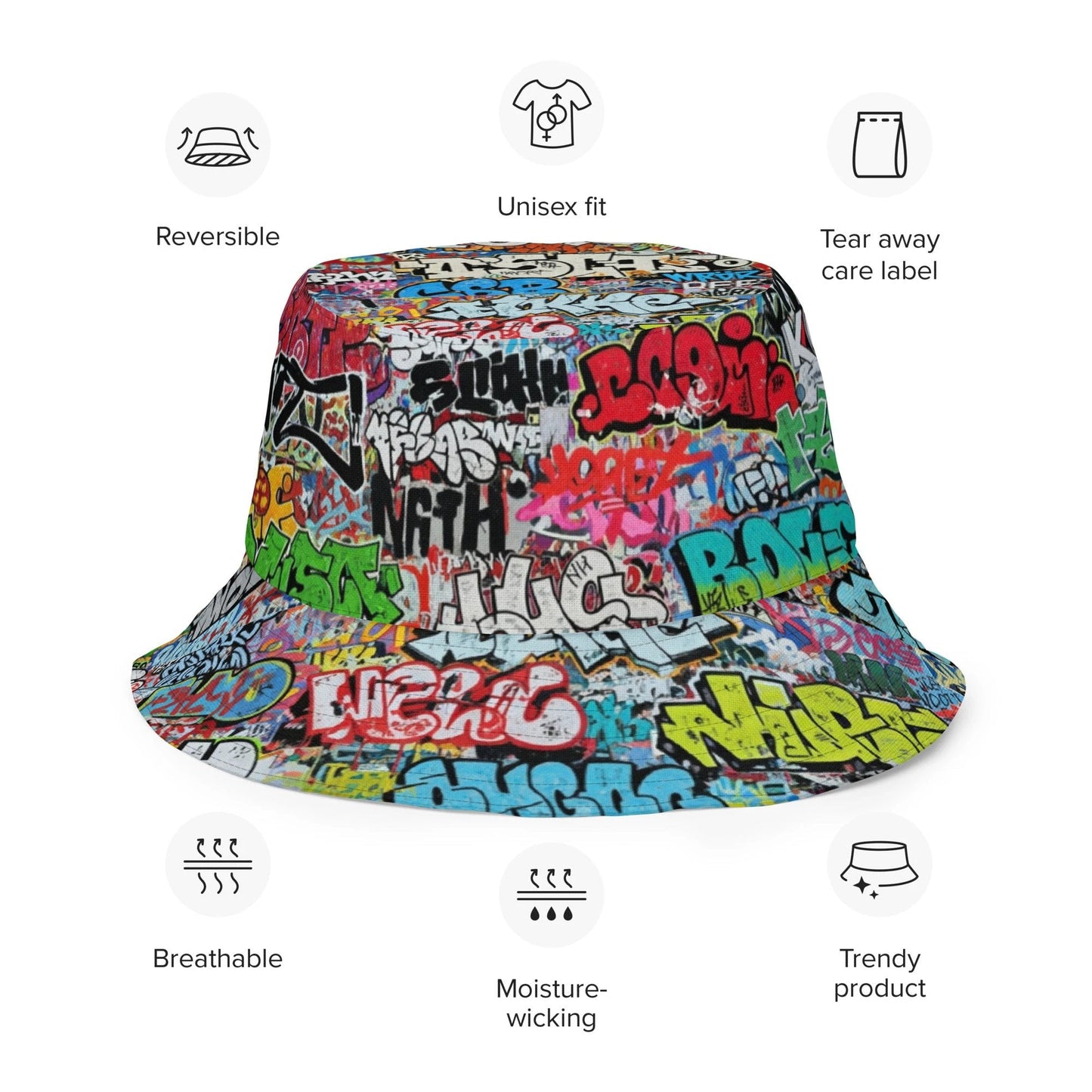 Reversible Bucket Hat — All-Over-Print Graffiti Urban Street Art, Multicolor AOP Typography, Both Sides Printed