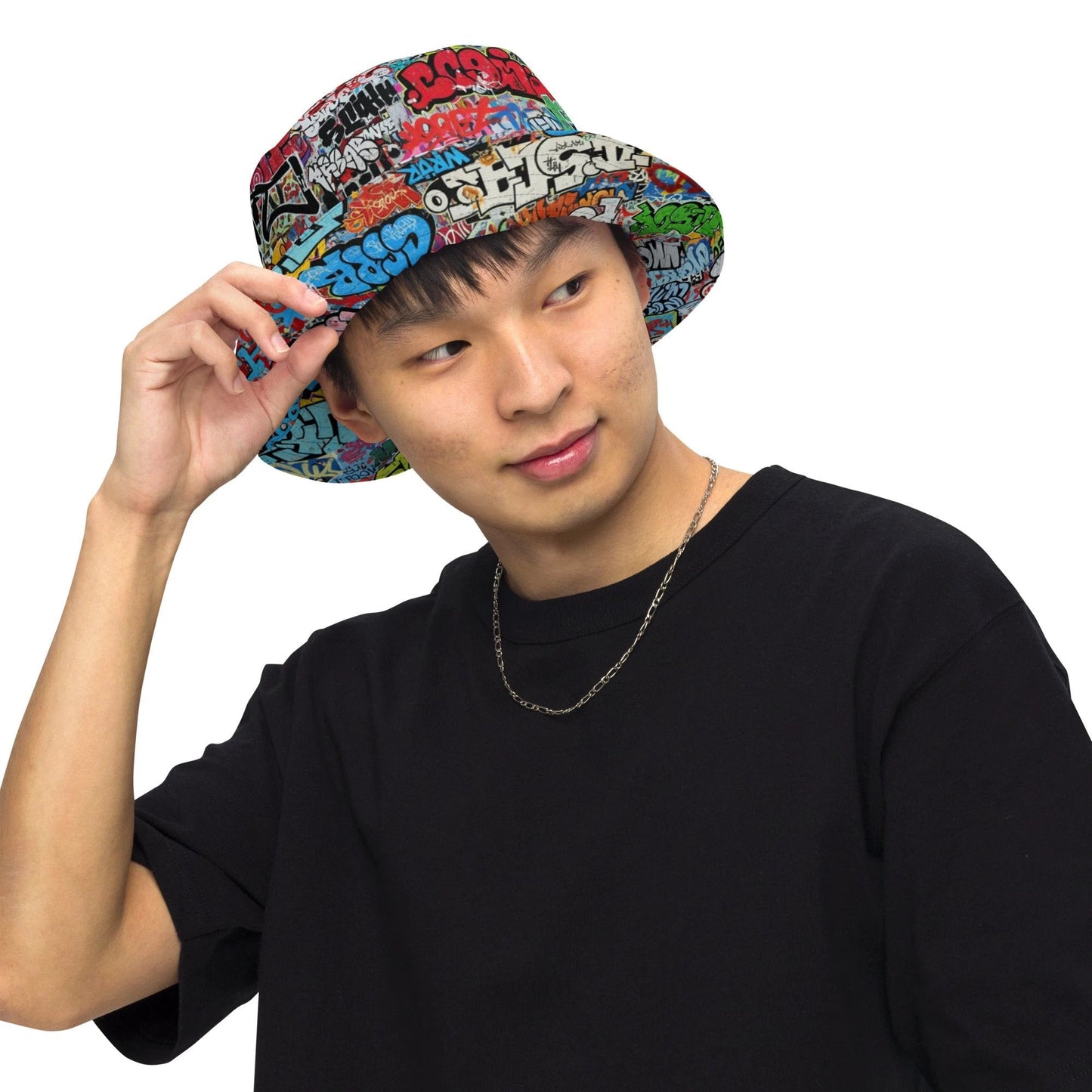 Reversible Bucket Hat — All-Over-Print Graffiti Urban Street Art, Multicolor AOP Typography, Both Sides Printed